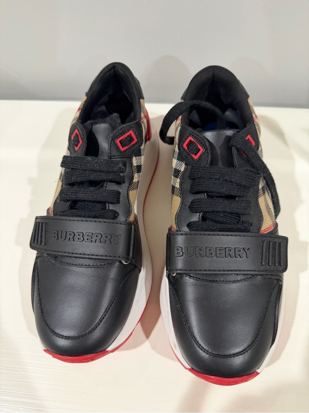Burberry Black, Beige & Red Kids Check Strap Lace-Up Sneakers